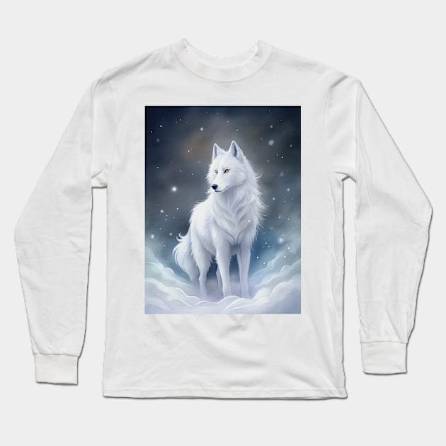 Funny White Wolf Hunting Ground, Winter Mountain Icy Moon, Forest, Galaxy Beautiful gifts Novelty Wild Animal landscape Fashion Watercolor Long Sleeve T-Shirt by sofiartmedia